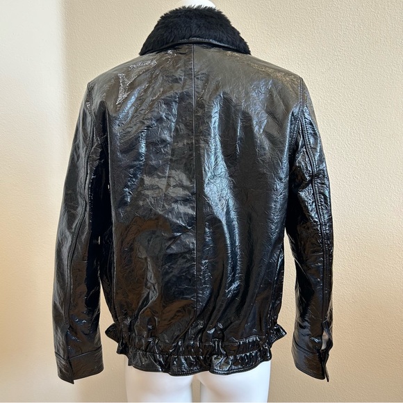 7 for all Mankind Black Crinkle Leather Jacket XS 7FAM Removable Fur Collar - Picture 6 of 11